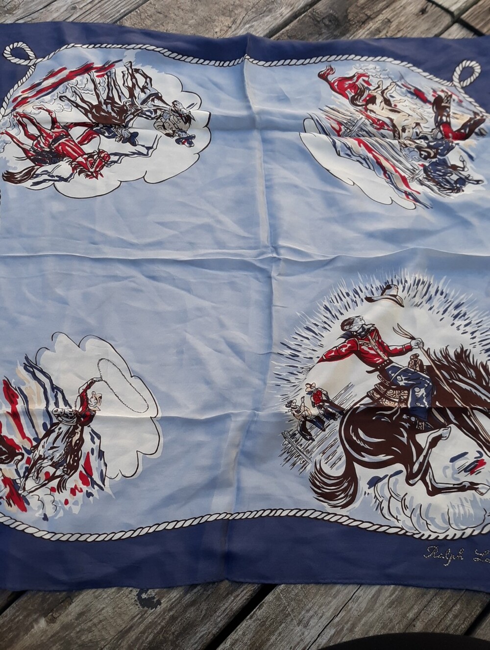 RALPH LAUREN Vintage Silk Scarf Western Rodeo Cowboy Lasso Horse Japan 26x26